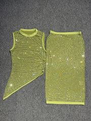 Green Crystal Top And Mesh Midi Skirt Set