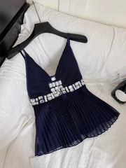 Beaded V-Neck Pleated Top