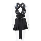 Black Satin Bandage Deep Neck Crop Top And Mini Skirt Set