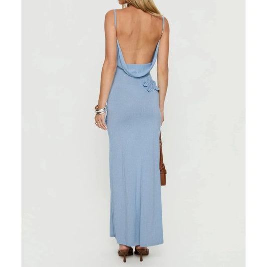 Blue Knit  3D Flower Decor Maxi Dress