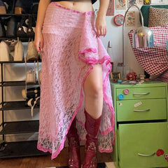 Pink Lace Slit Maxi Skirt