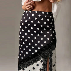 High Waist Satin Dot Print Lace Trim Patchwork Maxi Skirt