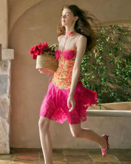 Pink Floral Printed Patchwork Strap Long Dress