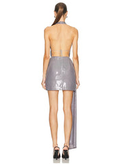 Silver Sequin Halter Deep Neck Backless Draped Mini Dress