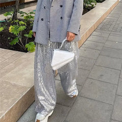 Sequined High Waisted Button Wide Leg Flared Pants