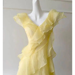 Yellow Butterfly Sleeve V-neck Tiered Asymmetrical Midi Dress