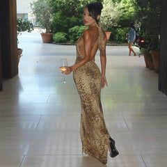 Halter Leopard Open Back Maxi Dress