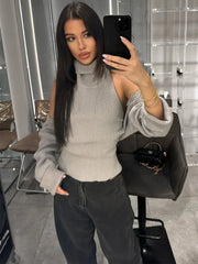 Ribbed Knit Turtleneck Cutout Shoulder  Vest Long-Sleeved Shawl 2-Piece Set Top