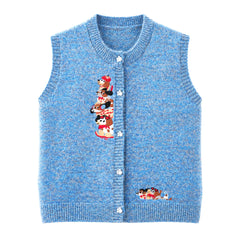 Knitted Embroidered Cartoon Button Up Vest