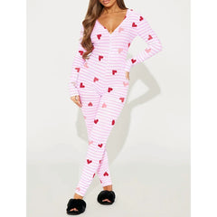 Long Sleeve Striped Heart Print Jumpsuit