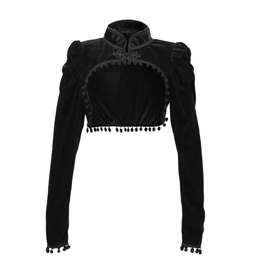 Black Tassel Stand Collar =Medieval Gothic Crop Sleeves Coat