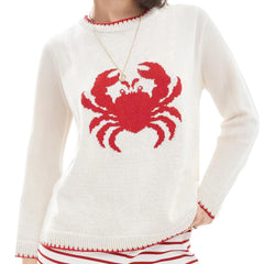 White sweater with a red crab design 