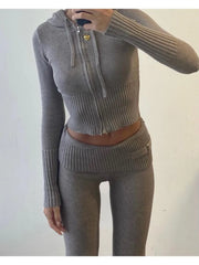 Knit Zipper Hodded Top And Pants Set