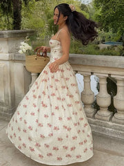 Floral Print Back Lace Up Spaghetti Strap Maxi Dress