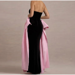 Black Strapless Large Pink Sides Bow Maxi Dress