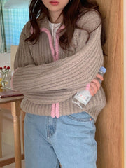 Brown Zipper Contrast Pink Striped Textured Cardigan