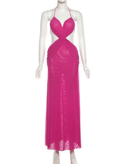Pink Mesh Strappy Cut Out Maxi Dress