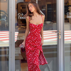 Red Floral Spaghetti Strap Midi Dress