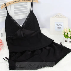 Satin Lace Bow Cami Top And Shorts Pijamas Set