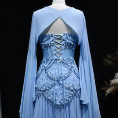Cape Sleeve Chiffon Tiered Petals Sequined Pearl Embellished Gown