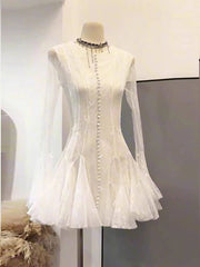 Lace Sheer Pleated Buttoned Long Sleeve Mini Dress