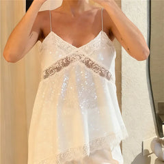 Sequin Lace Spaghetti Strap Asymmetrical Hem Top