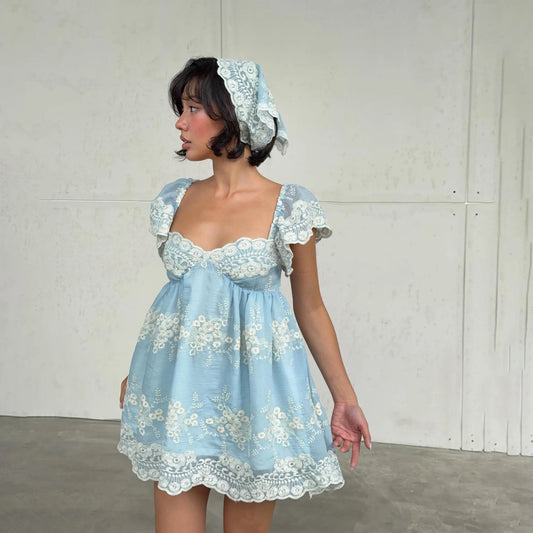 Embroidered Lace Bubble Sleeves Mini Dress
