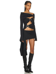 Black Cut Out Removable Off Shoulder Sleeves Mini Dress