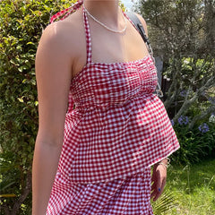 Gingham Ruched Tie-Back Peplum Top