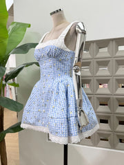 Flare Square Neck Plaid Mini Dress