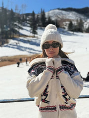 Jacquard Zipper Turn Down Collar Ski Cardigan