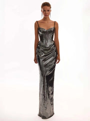 Sequins Spaghetti Strap Lace Lace-up Top And Long Skirts Set