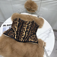 Leopard Print Sequin Fishbone Tank Top And Plush Short Skirt Set
