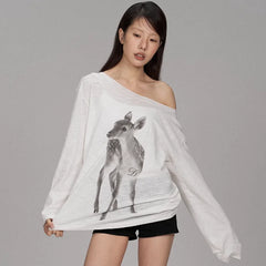 White Long Sleeve Fawm Print Top