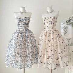 Strapless Floral Corset Fishbone Midi Dress