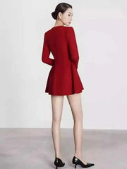 Red Square Collar Pleated Button Mini Dress