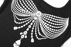 Black Tank Top With Diamond Tassel Print
