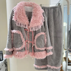 Grey Plush Pink Fur Trim Long Sleeve Shirt And Pants Sleepwear Set