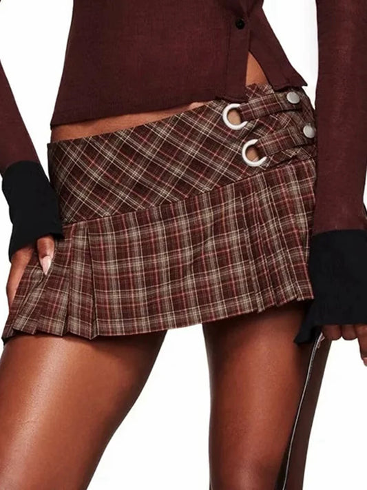 Brown Plaid ow Waist Metal Ring Pleated Mini Skirt