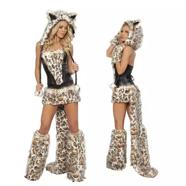 “Leopard print cosplay costume with faux fur hood and cat ears”