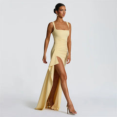 Square Neck Strap Thigh High Split Draped Long Dress