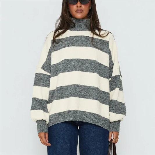 Grey Turtleneck Striped Knit Jumper