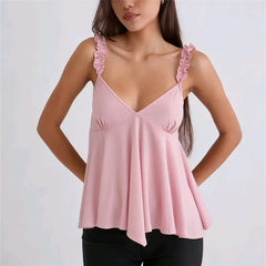Ruffled Strap Satin V-neck Top