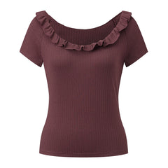 Ruffle Scoop Neck Short Sleeve Knitted T-Shirt