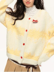 Yellow Stripe Red Buttoned Knitted Cardigan