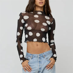 Sheer Printed Long Sleeve Crop Top