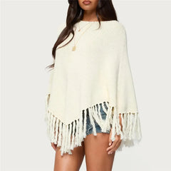 White Knit Poncho with Tassels Top