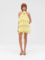 Ruffle Halter Flower Decoration Layered Mini Dress