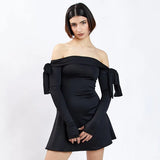 Black Off-shoulder Bow Long Sleeve Mini Dress