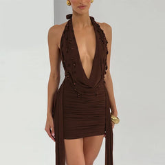 Halter Deep V Neck Teardrop Crystals Draped Mini Dress